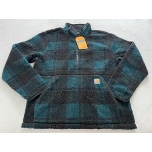 Carhartt Mens Loose Fit Sherpa Fleece Pullover 1/4 Zip Plaid Pattern BlackBlue M